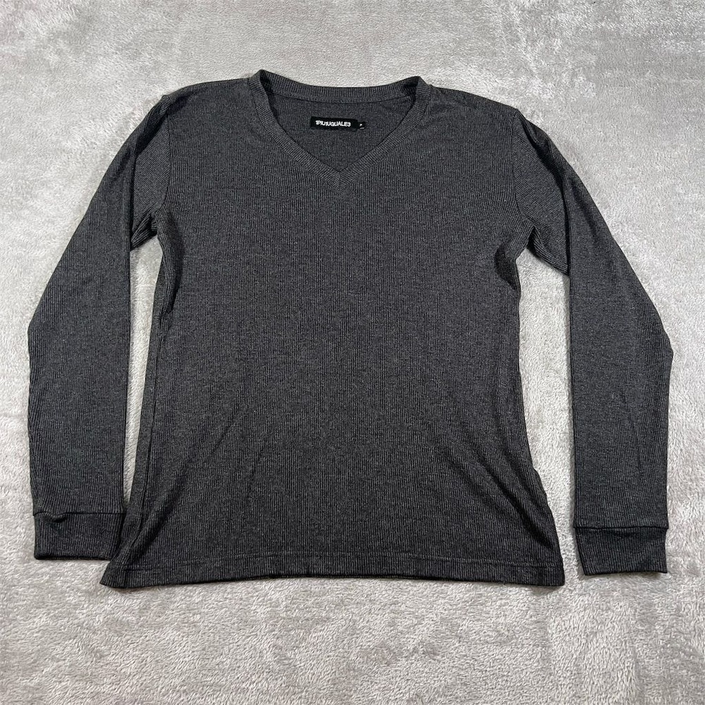 1PIU1UGUALE3 Men's Gray Ribbed V-Neck Long Sleeve T-Shirt Size V